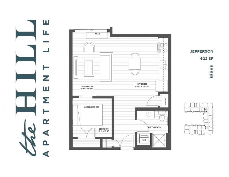 Floor plan for 1 bed, 1 bath, 622 sqft